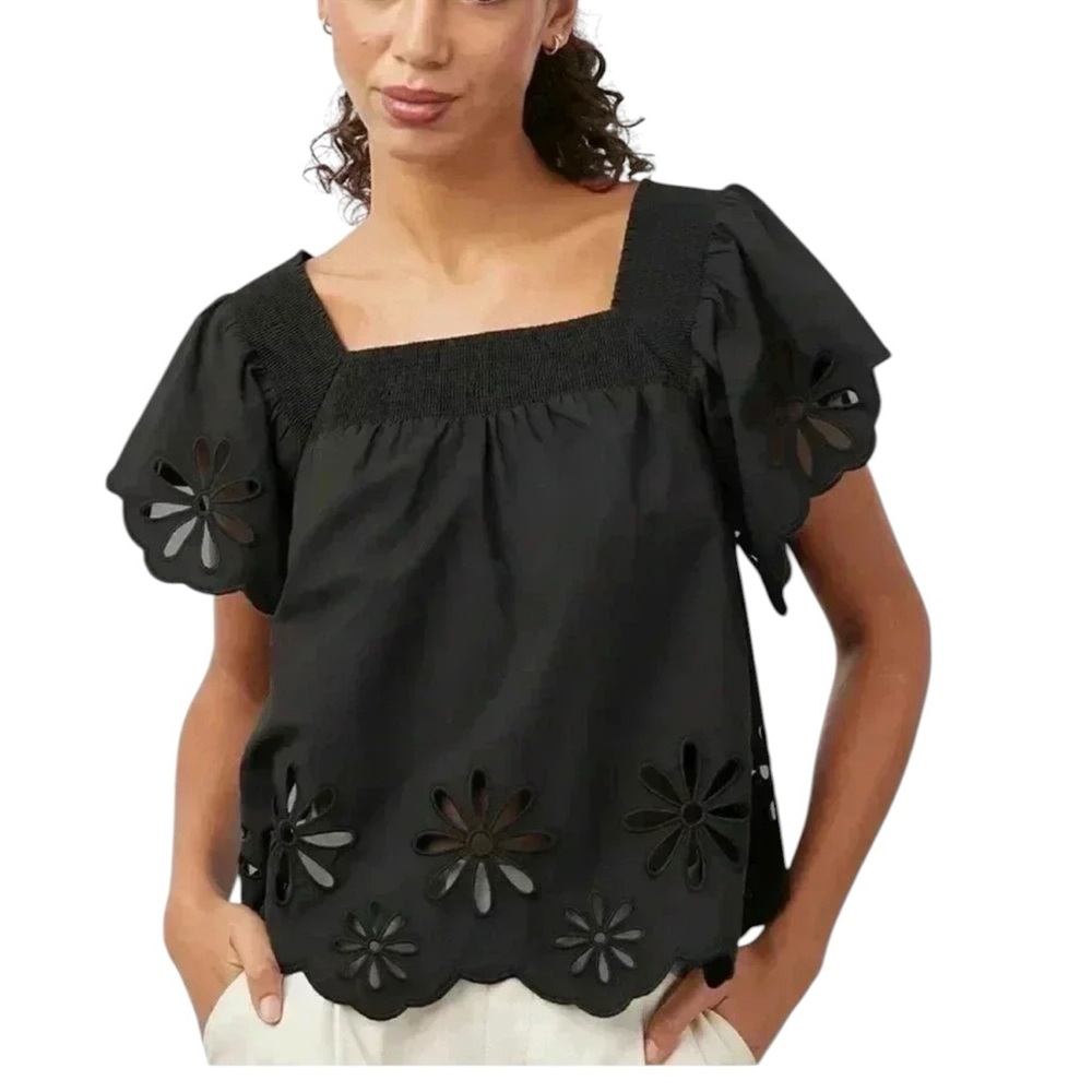 Rails Sonora Black Eyelet Blouse - Smocked Square Neck Flutter Sleeve - XS Boho